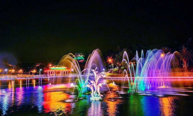 colorful night lights at Nay Pi Taw Water Fountain Garden, red, yellow, green, blue, purple