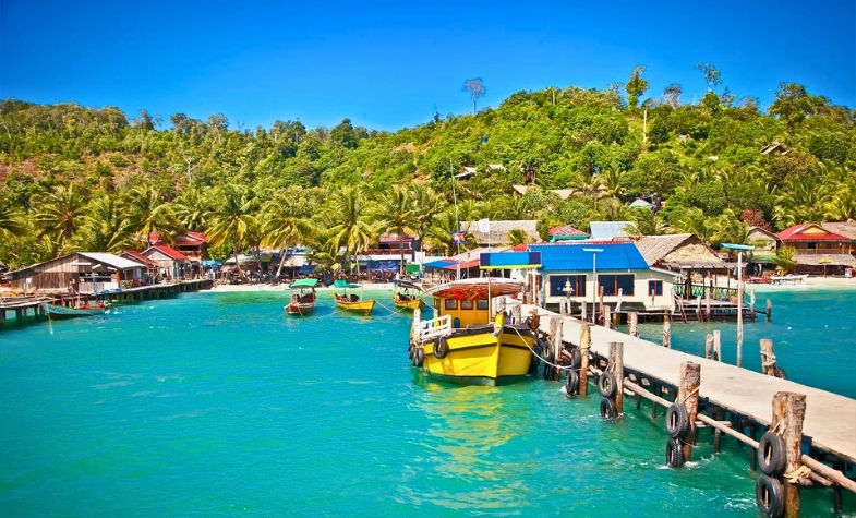 Koh Rong Island coastline with pristine beaches and ferry access from Sihanoukville.